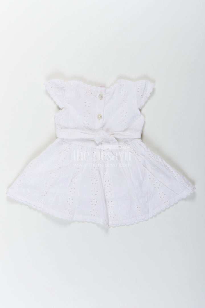 The Nesavu Baby Cotton Frocks White Party Wear Frock for Baby Girls in Cotton Hakoba with Embroidered Floral Details and Mini Handbag Nesavu White Party Wear Frock Baby Girls Hakoba Embroidery Beaded Handbag | The Nesavu