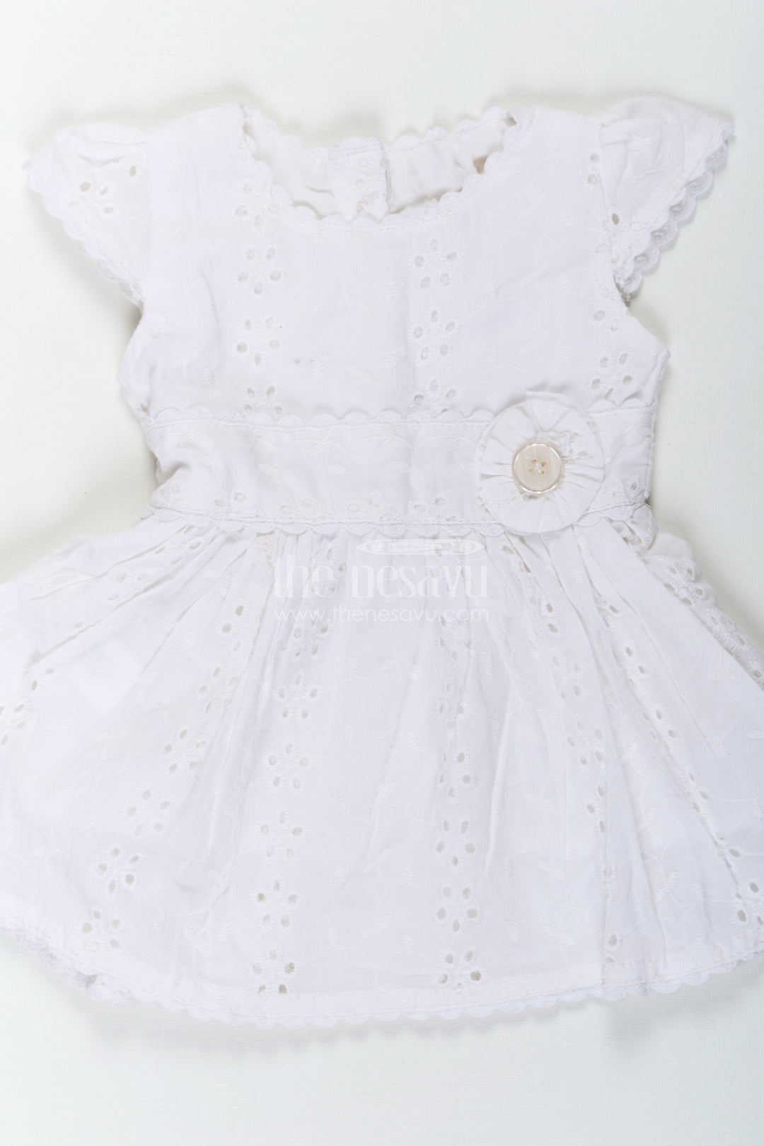 The Nesavu Baby Cotton Frocks White Party Wear Frock for Baby Girls in Cotton Hakoba with Embroidered Floral Details and Mini Handbag Nesavu White Party Wear Frock Baby Girls Hakoba Embroidery Beaded Handbag | The Nesavu