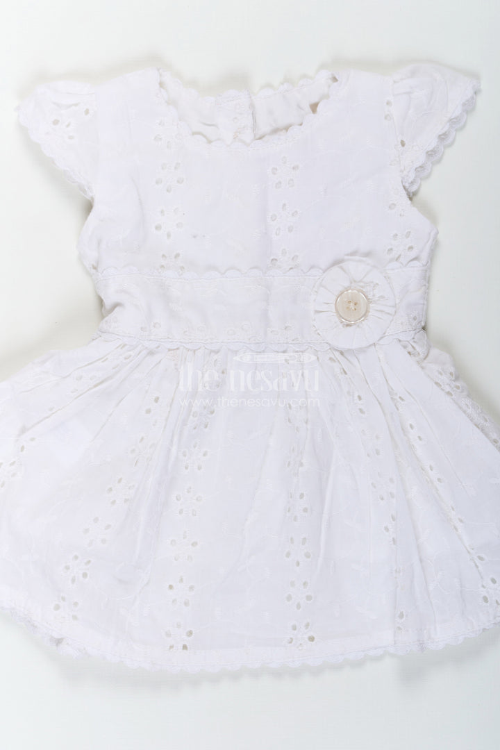 The Nesavu Baby Cotton Frocks White Party Wear Frock for Baby Girls in Cotton Hakoba with Embroidered Floral Details and Mini Handbag Nesavu White Party Wear Frock Baby Girls Hakoba Embroidery Beaded Handbag | The Nesavu