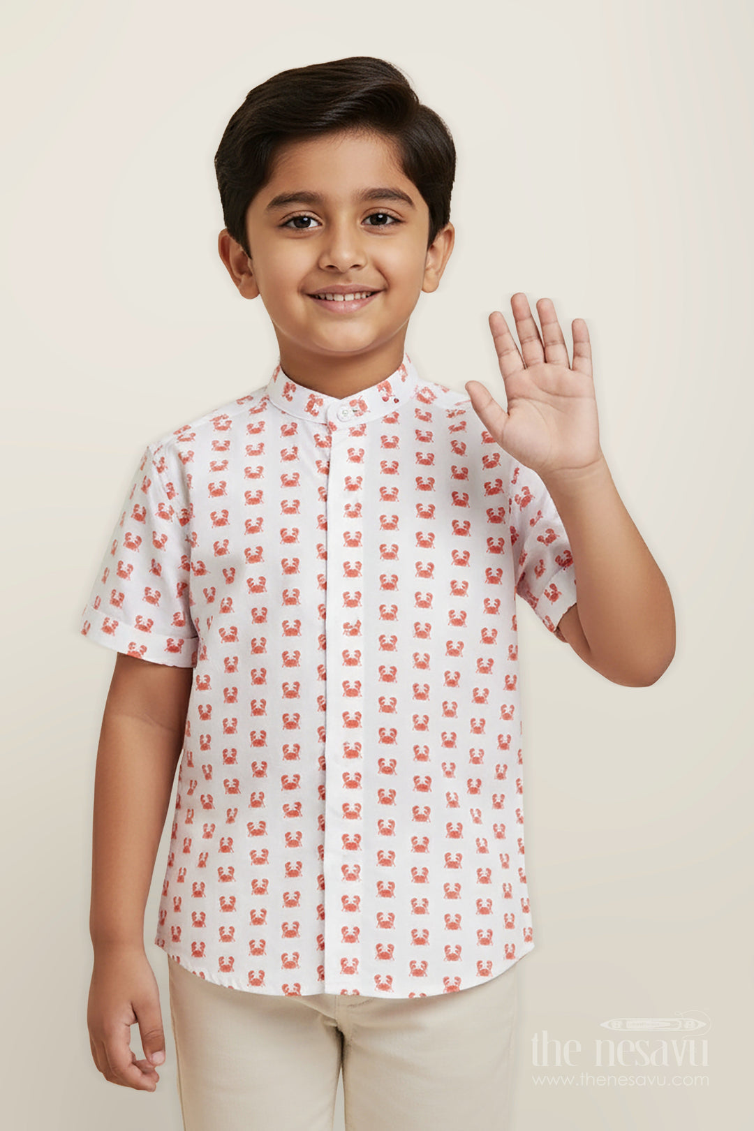 The Nesavu Boys Cotton Shirt White Printed Shirt for Boys in Cotton with Red Crab Motifs and Bold Sea-Inspired Digital Print Nesavu 16 (1Y) / Orange BS284A-16 Nesavu White Printed Shirt Boys Cotton Red Crab Digital Print Sea-Themed Design