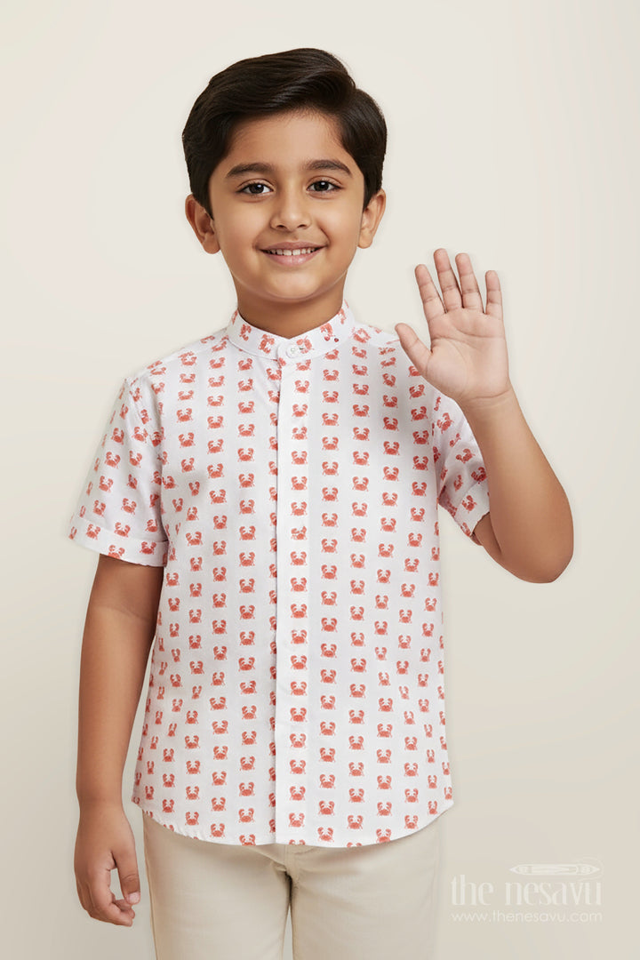 The Nesavu Boys Cotton Shirt White Printed Shirt for Boys in Cotton with Red Crab Motifs and Bold Sea-Inspired Digital Print Nesavu 16 (1Y) / Orange BS284A-16 Nesavu White Printed Shirt Boys Cotton Red Crab Digital Print Sea-Themed Design