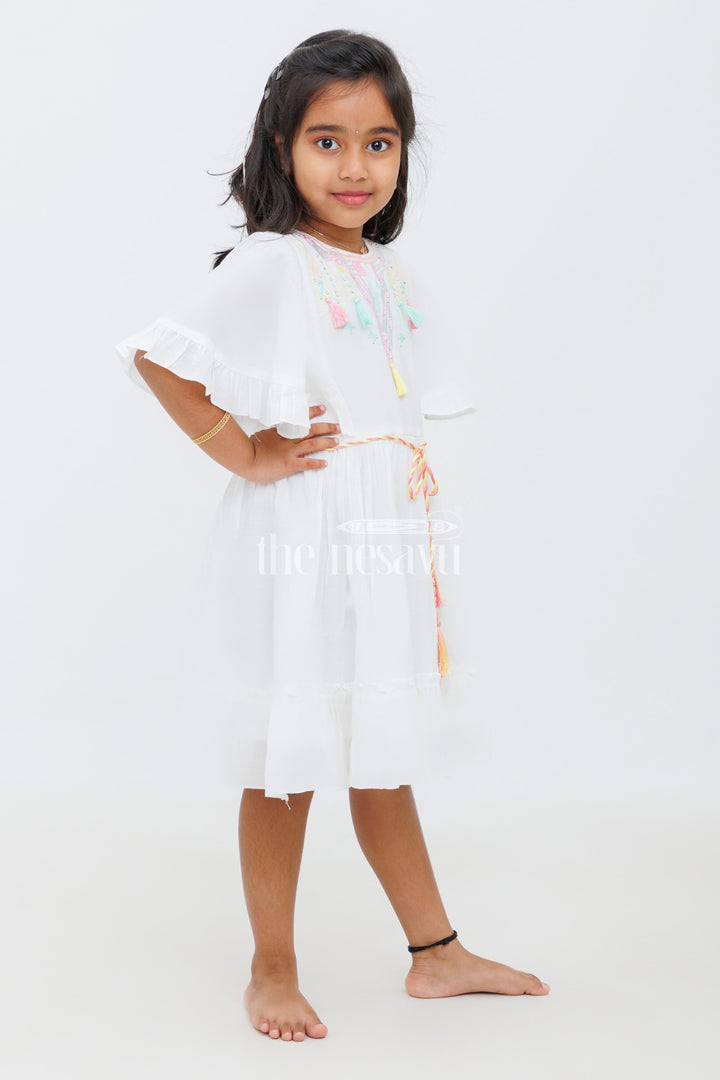 The Nesavu Girls Cotton Frock White Rayon Party Frock with Geometric Embroidery for Girls Nesavu 18 (2Y) / White GFC1380A-18 White Rayon Party Frock with Geometric Embroidery for Girls - Nesavu