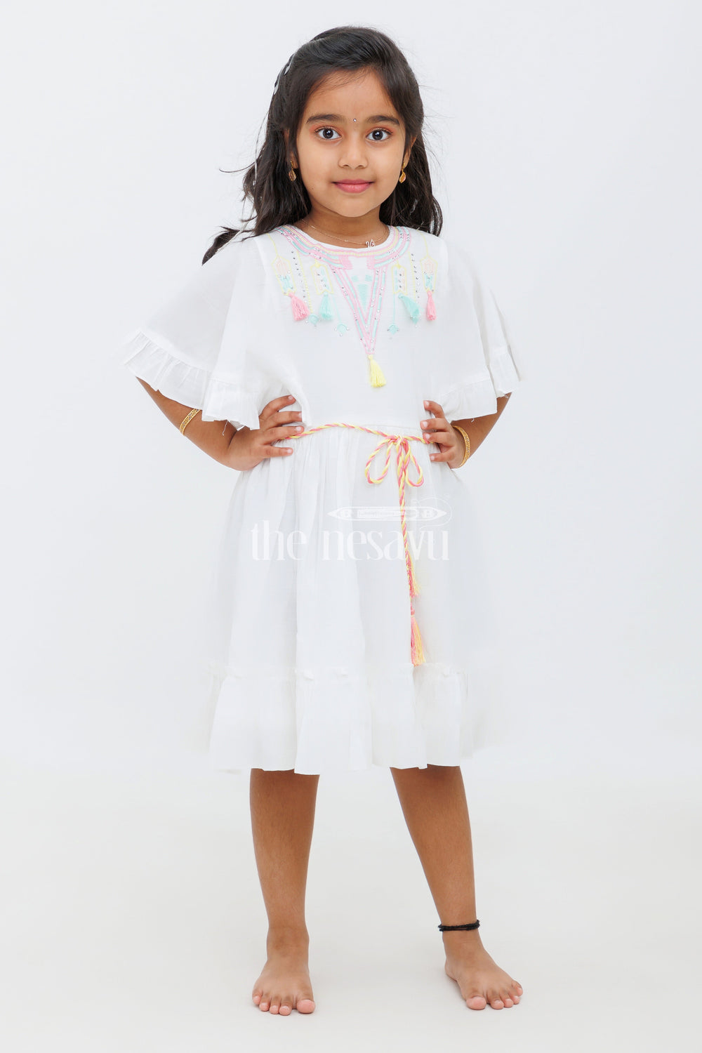 The Nesavu Girls Cotton Frock White Rayon Party Frock with Geometric Embroidery for Girls Nesavu White Rayon Party Frock with Geometric Embroidery for Girls - Nesavu