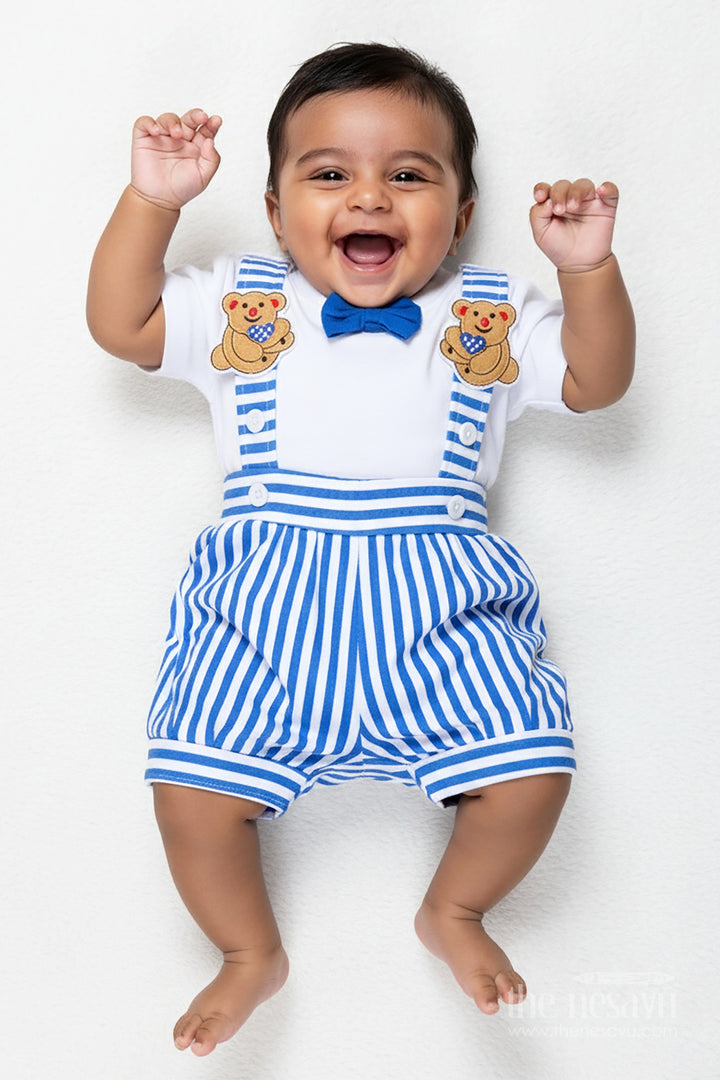 The Nesavu Boys Casual Set White Set and Bow for Boys in Cotton with Blue Striped Dungaree and Decorative Bow Tie Detail Nesavu 14 (6M) / Blue BCS298A-14 Nesavu Cotton White Set Bow Boys Blue Striped Dungaree Decorative Bow Tie