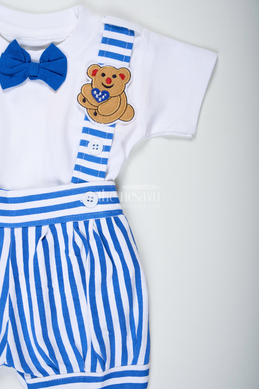 The Nesavu Boys Casual Set White Set and Bow for Boys in Cotton with Blue Striped Dungaree and Decorative Bow Tie Detail Nesavu Nesavu Cotton White Set Bow Boys Blue Striped Dungaree Decorative Bow Tie