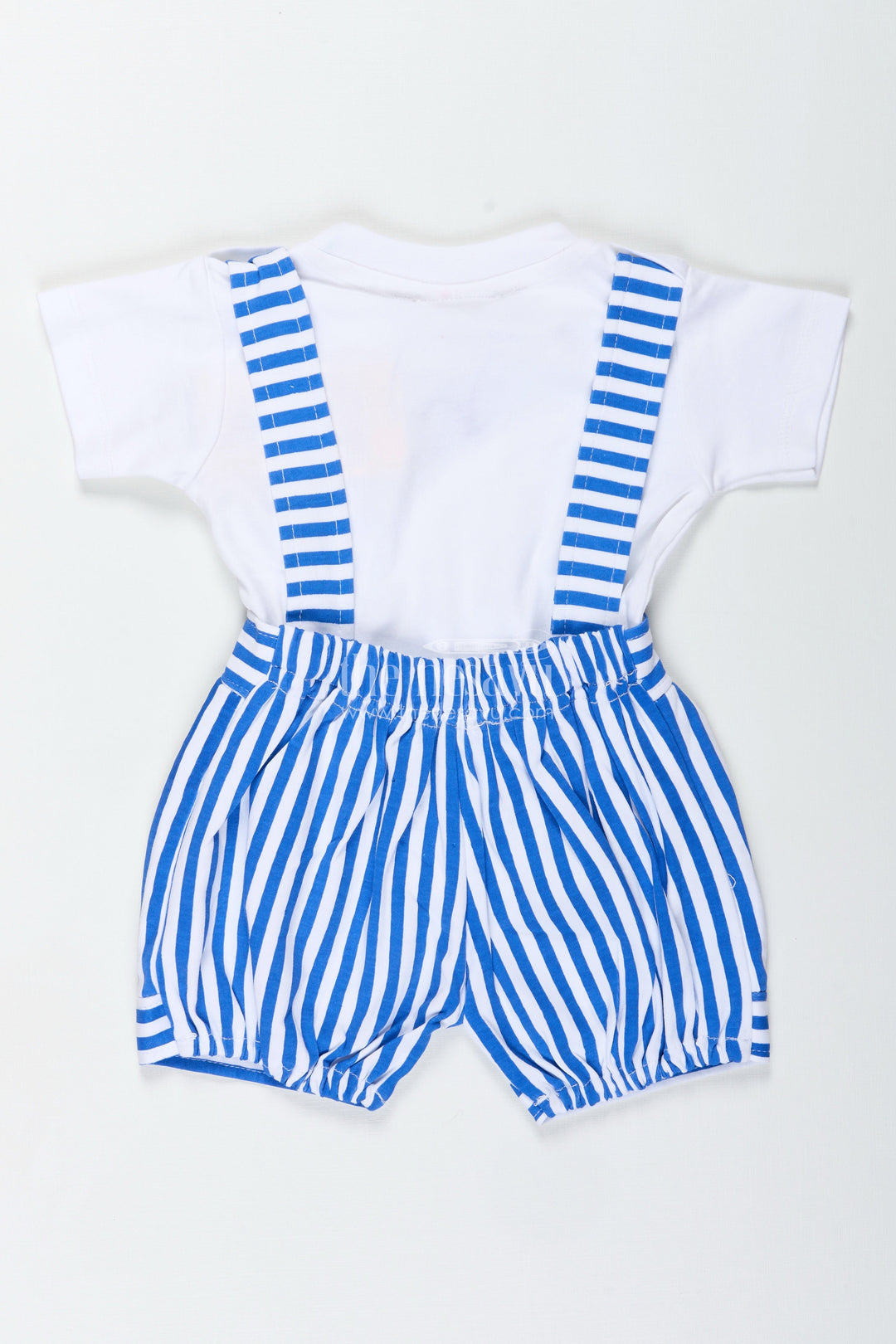 The Nesavu Boys Casual Set White Set and Bow for Boys in Cotton with Blue Striped Dungaree and Decorative Bow Tie Detail Nesavu Nesavu Cotton White Set Bow Boys Blue Striped Dungaree Decorative Bow Tie