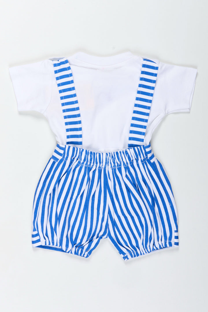 The Nesavu Boys Casual Set White Set and Bow for Boys in Cotton with Blue Striped Dungaree and Decorative Bow Tie Detail Nesavu Nesavu Cotton White Set Bow Boys Blue Striped Dungaree Decorative Bow Tie
