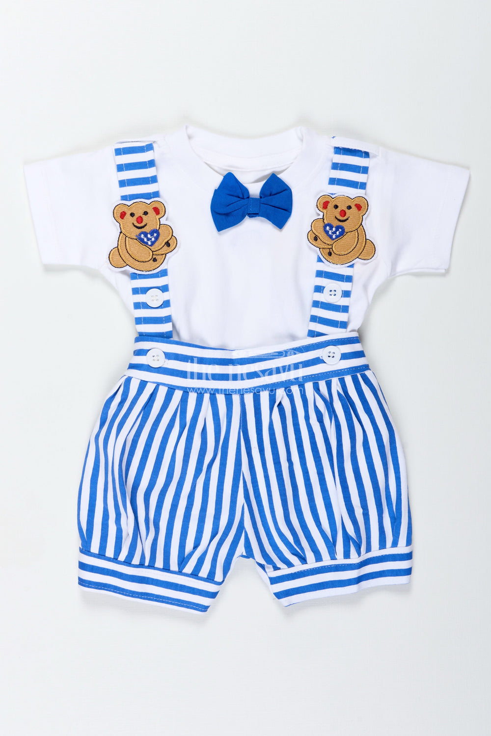 The Nesavu Boys Casual Set White Set and Bow for Boys in Cotton with Blue Striped Dungaree and Decorative Bow Tie Detail Nesavu Nesavu Cotton White Set Bow Boys Blue Striped Dungaree Decorative Bow Tie