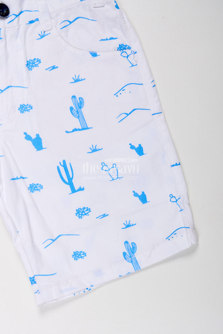 The Nesavu Boys Shorts White Shirt Shorts for Boys in Cotton with Blue Cactus and Animal All Over Digital Print Nesavu White Shirt Shorts Boys Cotton Blue All Over Digital Print Pockets | The Nesavu