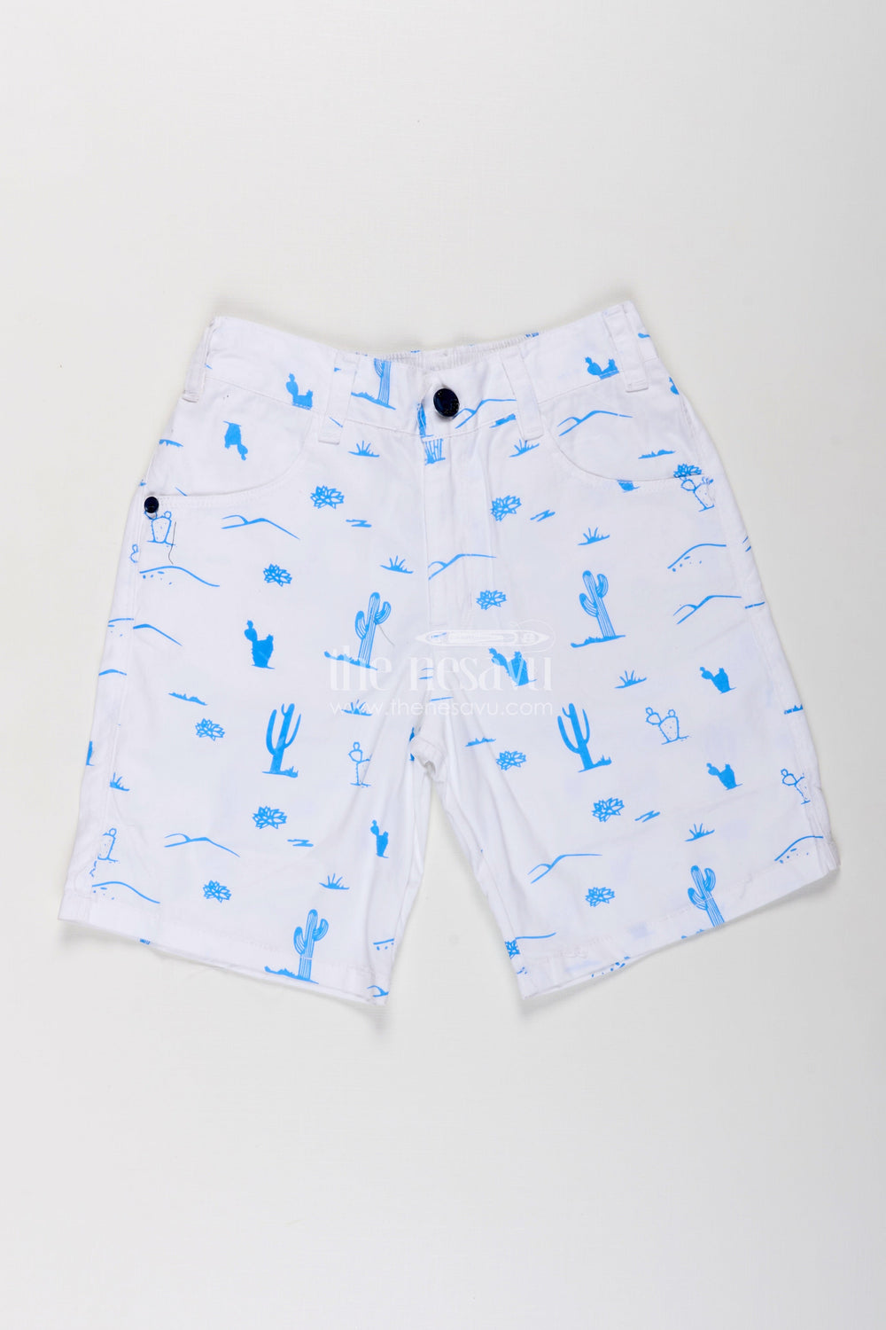 The Nesavu Boys Shorts White Shirt Shorts for Boys in Cotton with Blue Cactus and Animal All Over Digital Print Nesavu White Shirt Shorts Boys Cotton Blue All Over Digital Print Pockets | The Nesavu