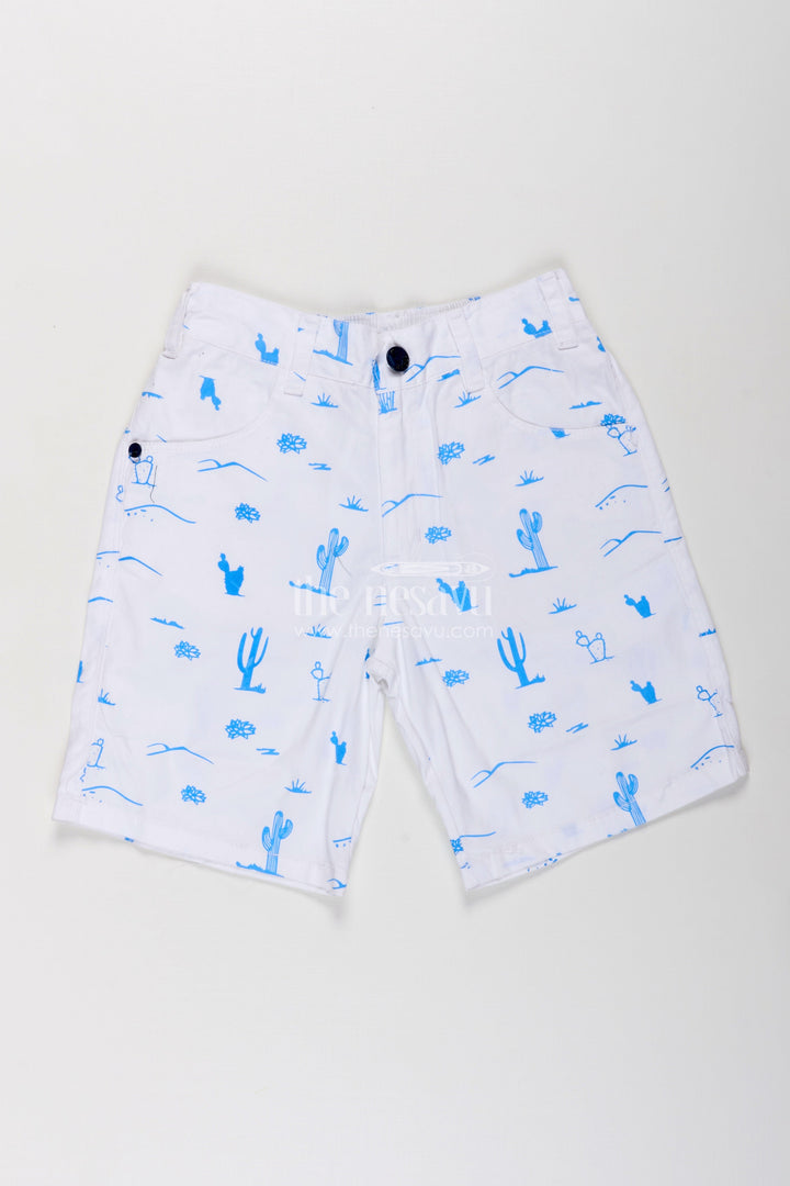 The Nesavu Boys Shorts White Shirt Shorts for Boys in Cotton with Blue Cactus and Animal All Over Digital Print Nesavu White Shirt Shorts Boys Cotton Blue All Over Digital Print Pockets | The Nesavu