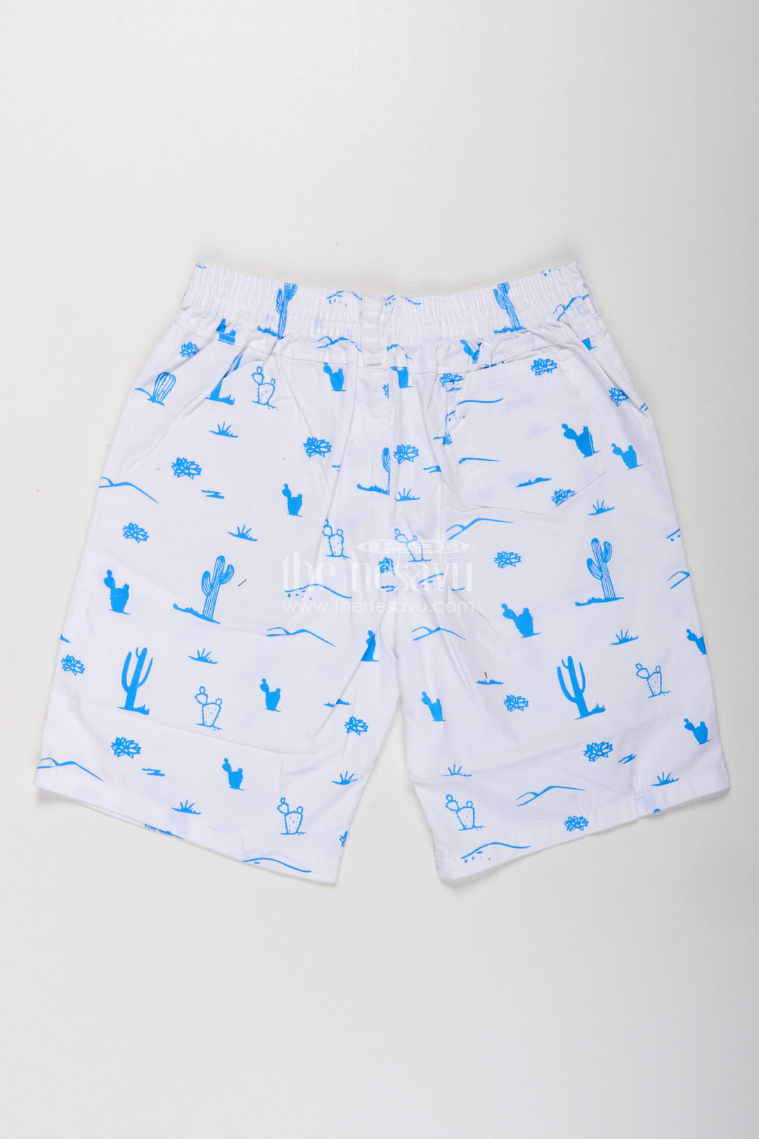 The Nesavu Boys Shorts White Shirt Shorts for Boys in Cotton with Blue Cactus and Animal All Over Digital Print Nesavu White Shirt Shorts Boys Cotton Blue All Over Digital Print Pockets | The Nesavu