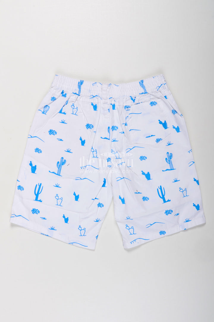 The Nesavu Boys Shorts White Shirt Shorts for Boys in Cotton with Blue Cactus and Animal All Over Digital Print Nesavu White Shirt Shorts Boys Cotton Blue All Over Digital Print Pockets | The Nesavu