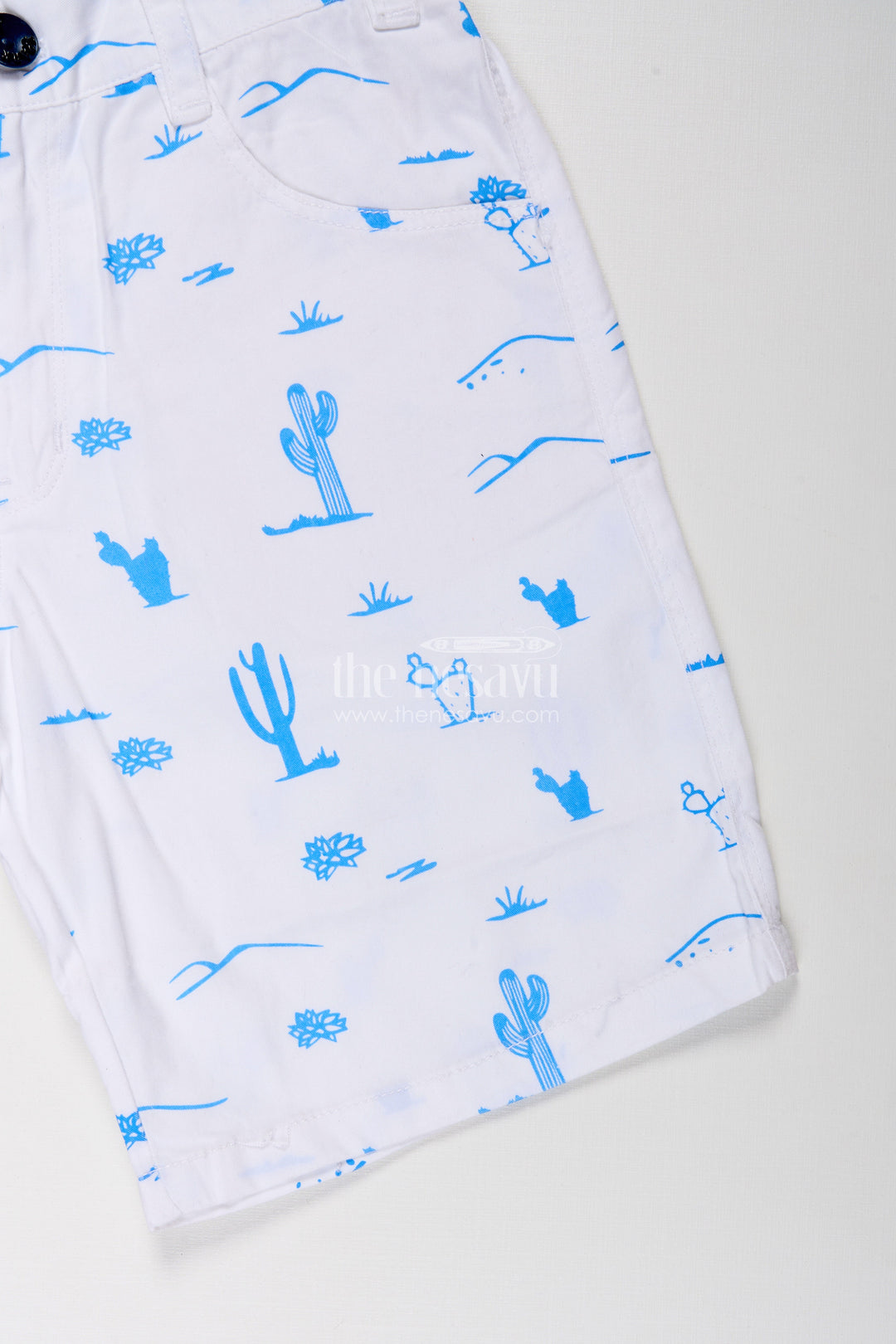 The Nesavu Boys Shorts White Shirt Shorts for Boys in Cotton with Blue Cactus and Animal All Over Digital Print Nesavu White Shirt Shorts Boys Cotton Blue All Over Digital Print Pockets | The Nesavu