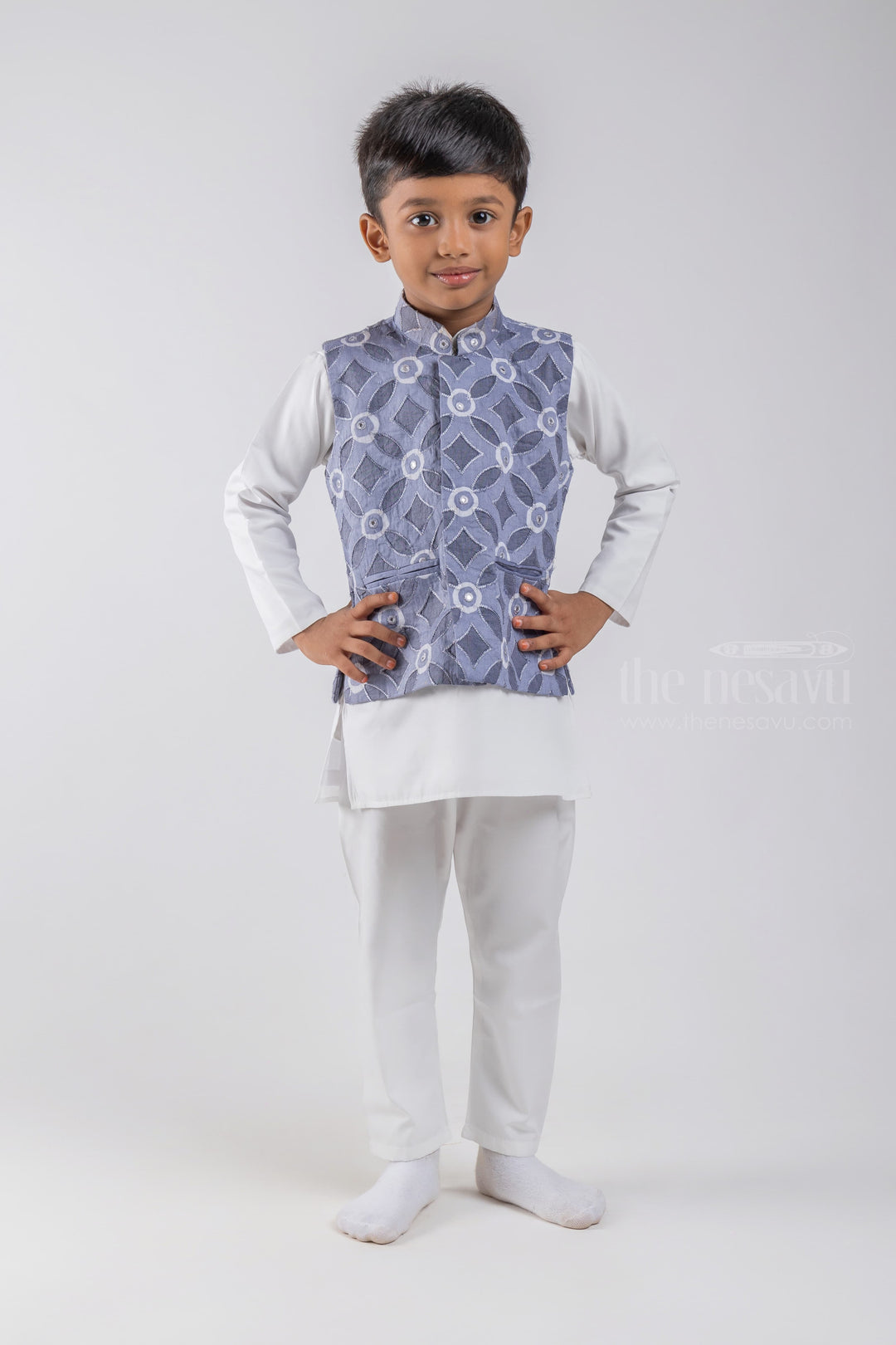 The Nesavu Boys Jacket Sets White Solid Cotton Kurta and Pant with Geometrical Printed Gray Overcoat for Boys psr silks Nesavu 14 (6M) / White / Cotton BES350A