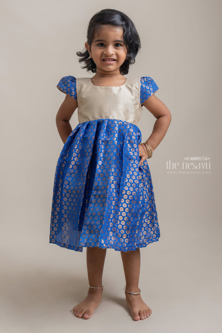 The Nesavu Silk Frock White Yoke And Brocade Printed Blue Banaras Jacquard Frocks For Girls Nesavu 10 (NB) / Blue / Silk Blend BFJ342A White And Blue Banaras Silk Frocks| Best Collection| The Nesavu