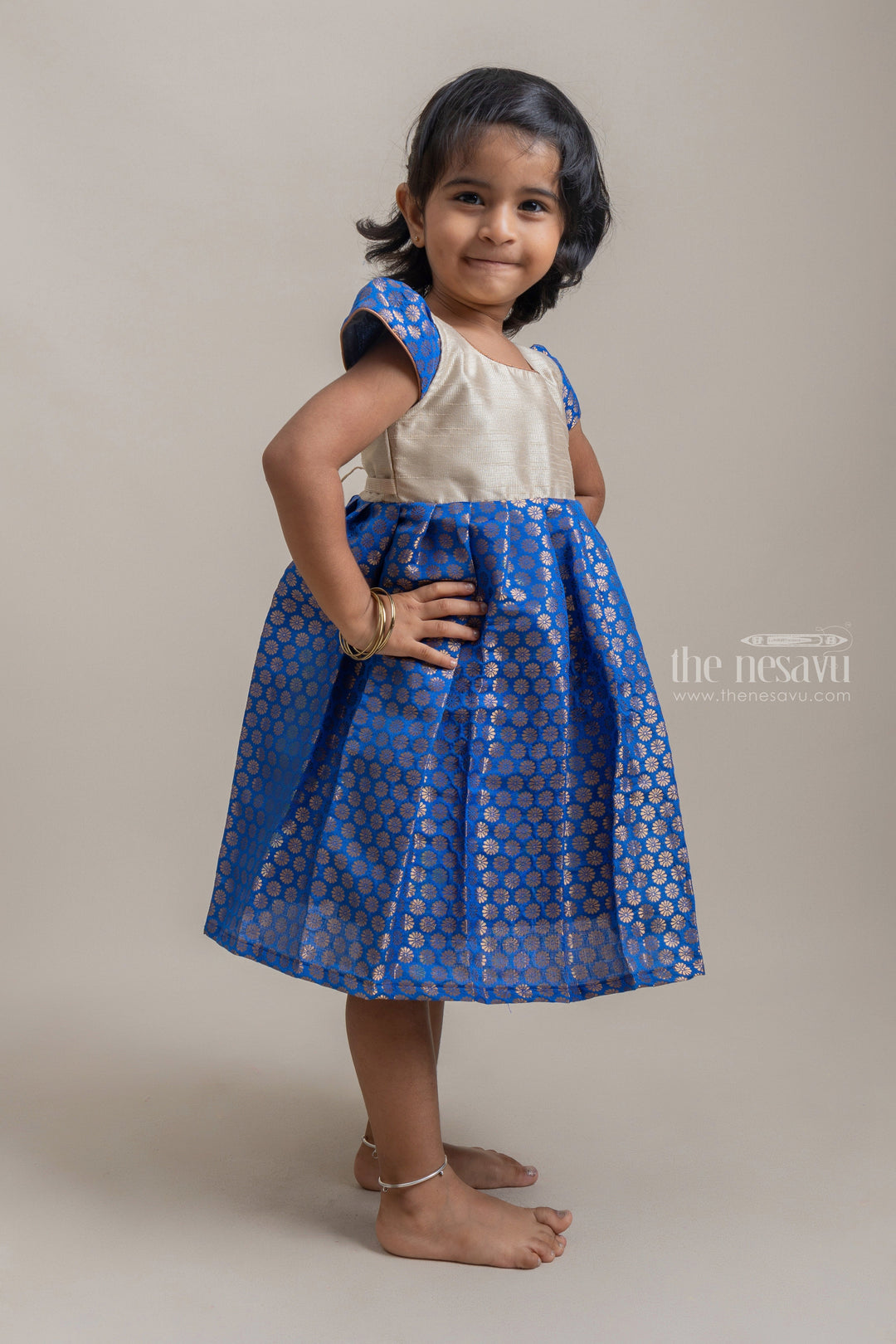 The Nesavu Silk Frock White Yoke And Brocade Printed Blue Banaras Jacquard Frocks For Girls Nesavu White And Blue Banaras Silk Frocks| Best Collection| The Nesavu