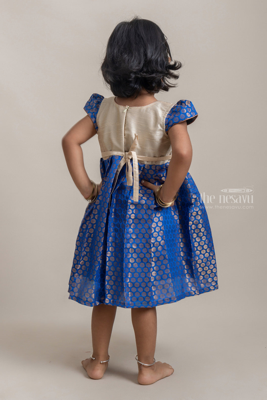 The Nesavu Silk Frock White Yoke And Brocade Printed Blue Banaras Jacquard Frocks For Girls Nesavu White And Blue Banaras Silk Frocks| Best Collection| The Nesavu