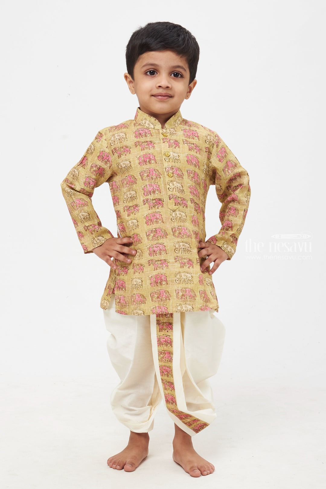 The Nesavu Boys Dothi Set Wild Charm: Green Elephant Print Kurta & Crisp White Panchagajam Ensemble for Boys Nesavu 12 (3M) / Yellow / Silk Blend BES378A-12 Handcrafted Boys Dhoti Kurta | Exclusive Ethnic Collection | The Nesavu