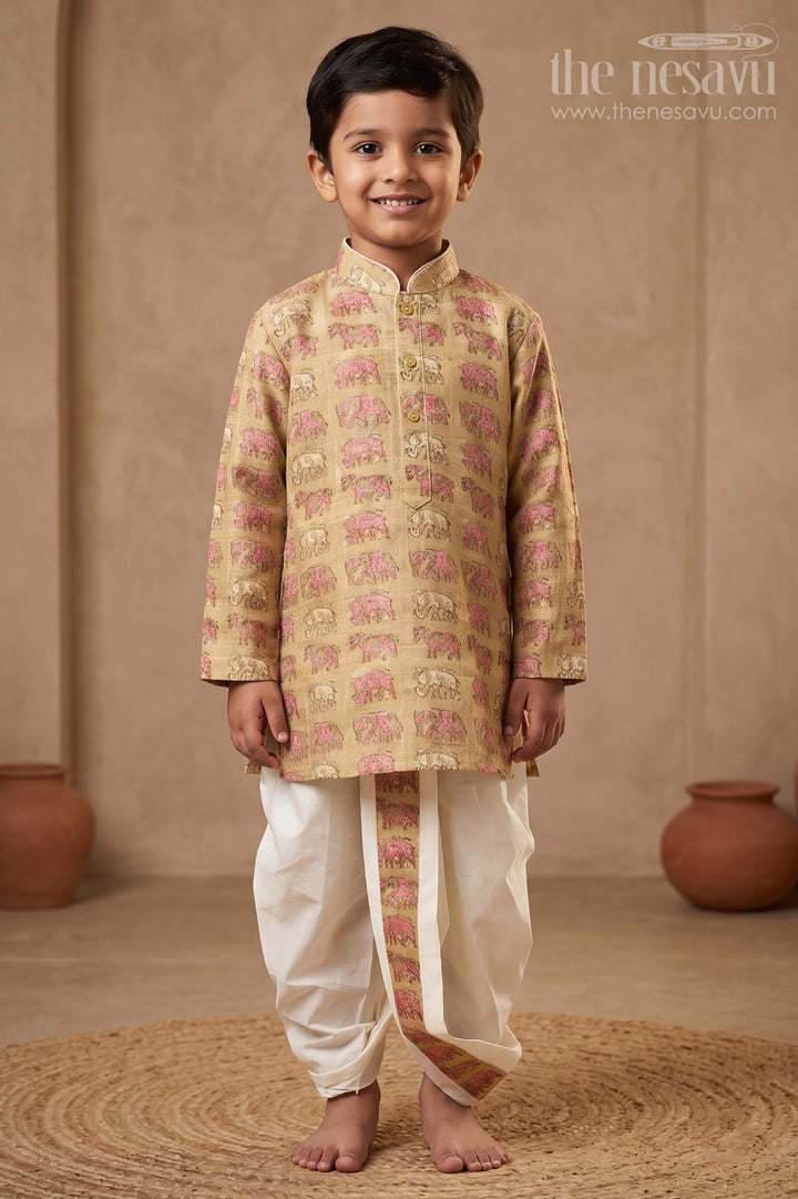 The Nesavu Boys Dothi Set Wild Charm: Green Elephant Print Kurta &amp; Crisp White Panchagajam Ensemble for Boys Nesavu 12 (3M) / Yellow / Silk Blend BES378A-12 Handcrafted Boys Dhoti Kurta | The Nesavu