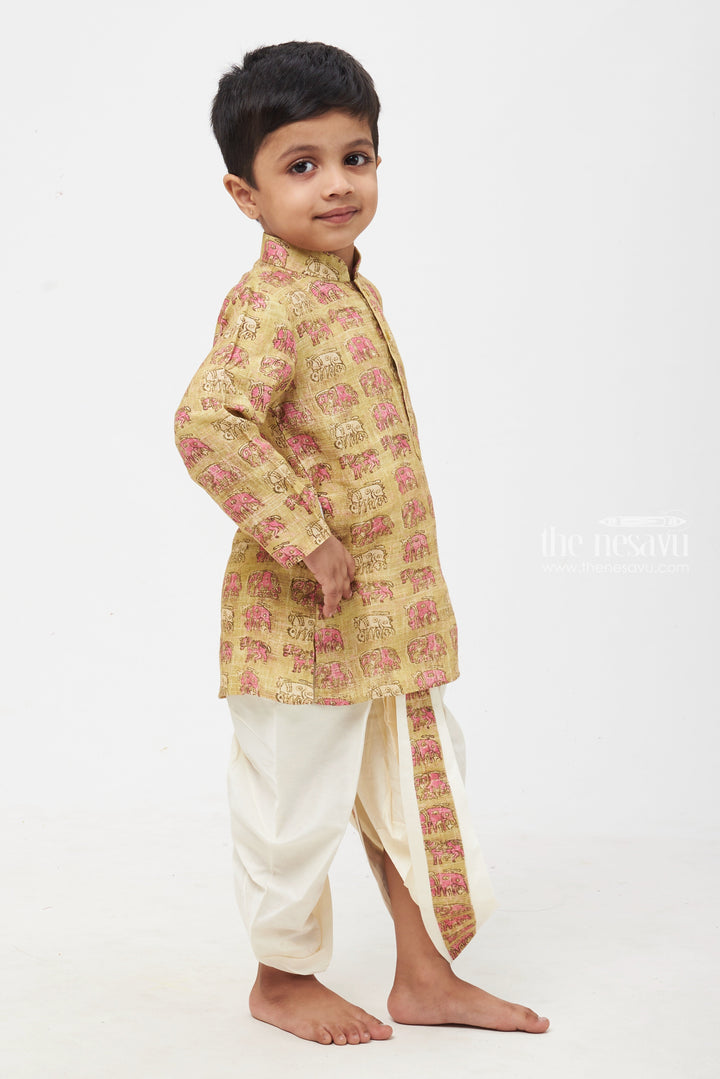 The Nesavu Boys Dothi Set Wild Charm: Green Elephant Print Kurta & Crisp White Panchagajam Ensemble for Boys Nesavu Handcrafted Boys Dhoti Kurta | Exclusive Ethnic Collection | The Nesavu