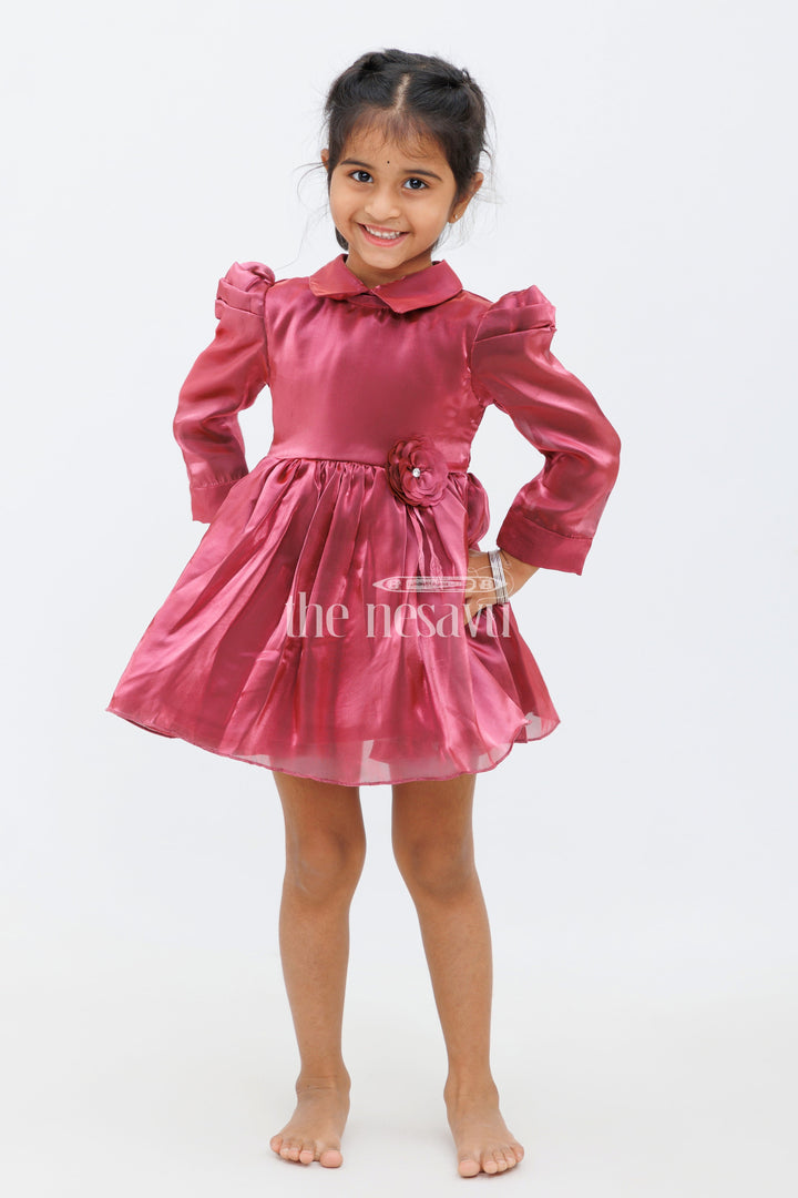 The Nesavu Girls Fancy Party Frock Wine Magenta Glaze Organza Bishop Sleeve Party Dress with Floral Waist Embellishment for Girls Nesavu 14 (6M) / Magenta PF190B-14 Wine Magenta Glaze Organza Bishop Sleeve Party Dress for Girls Nesavu