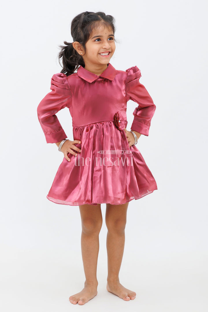 The Nesavu Girls Fancy Party Frock Wine Magenta Glaze Organza Bishop Sleeve Party Dress with Floral Waist Embellishment for Girls Nesavu Wine Magenta Glaze Organza Bishop Sleeve Party Dress for Girls Nesavu