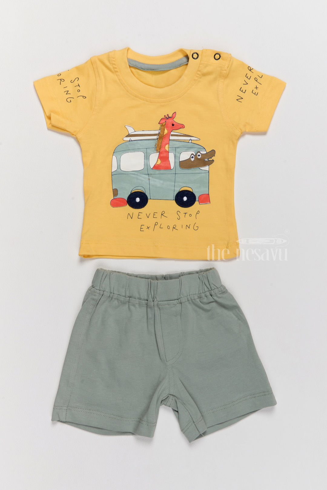The Nesavu Baby Casual Sets Winter Party Wear Yellow Cotton T-Shirt and Green Shorts Set with Fun Car Print Nesavu 10 (NB) / Yellow BCS184A-10 Winter Party Wear Cotton T-Shirt Shorts Set Fun Car Print | The Nesavu