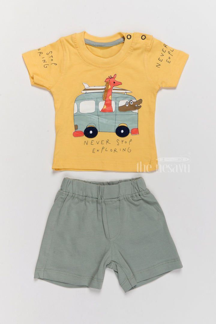 The Nesavu Baby Casual Sets Winter Party Wear Yellow Cotton T-Shirt and Green Shorts Set with Fun Car Print Nesavu 10 (NB) / Yellow BCS184A-10 Winter Party Wear Cotton T-Shirt Shorts Set Fun Car Print | The Nesavu