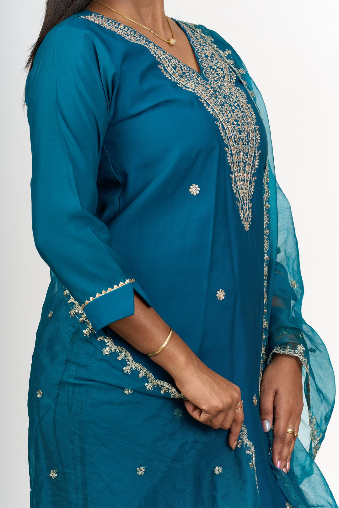 The Nesavu Womens Straight Suit Sets Women’S Blue Dress in Blend Silk with Embroidered Neckline and Sheer Dupatta Nesavu Womens Blue Dress Blend Silk Embroidered Neckline Sheer Dupatta | The Nesavu