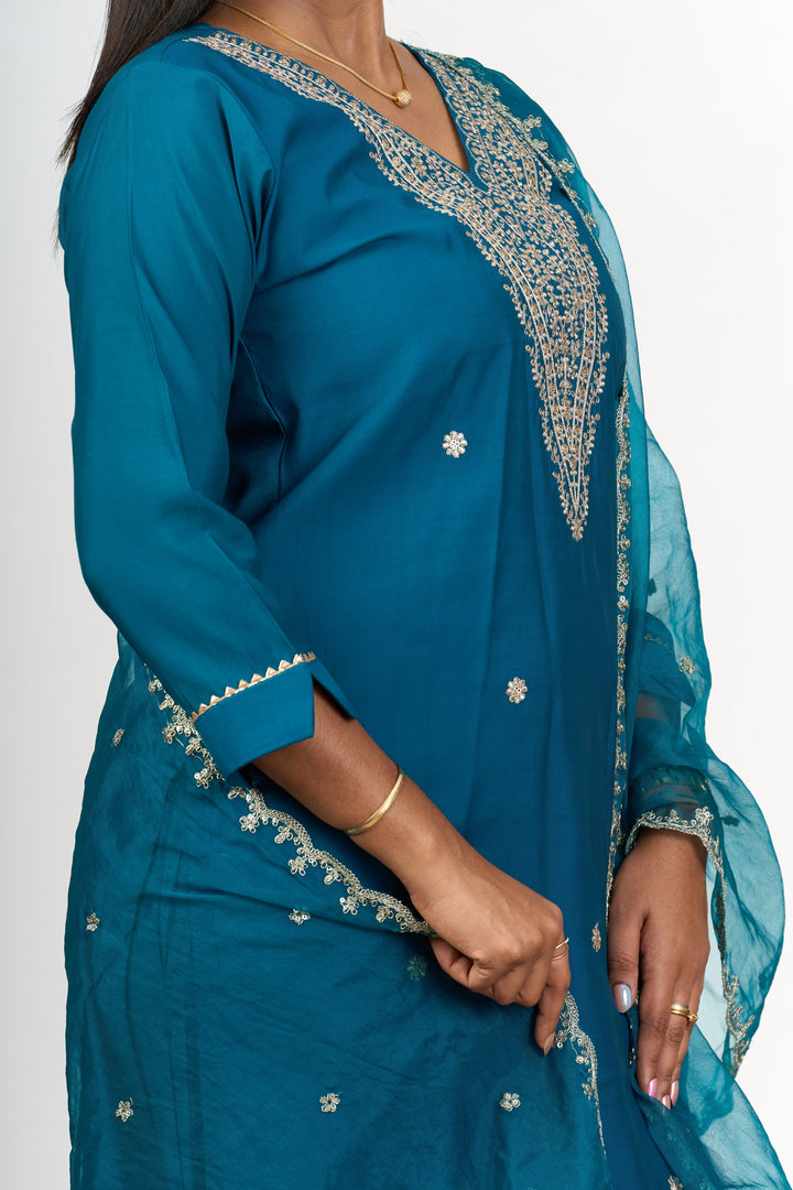 The Nesavu Womens Straight Suit Sets Women’S Blue Dress in Blend Silk with Embroidered Neckline and Sheer Dupatta Nesavu Womens Blue Dress Blend Silk Embroidered Neckline Sheer Dupatta | The Nesavu