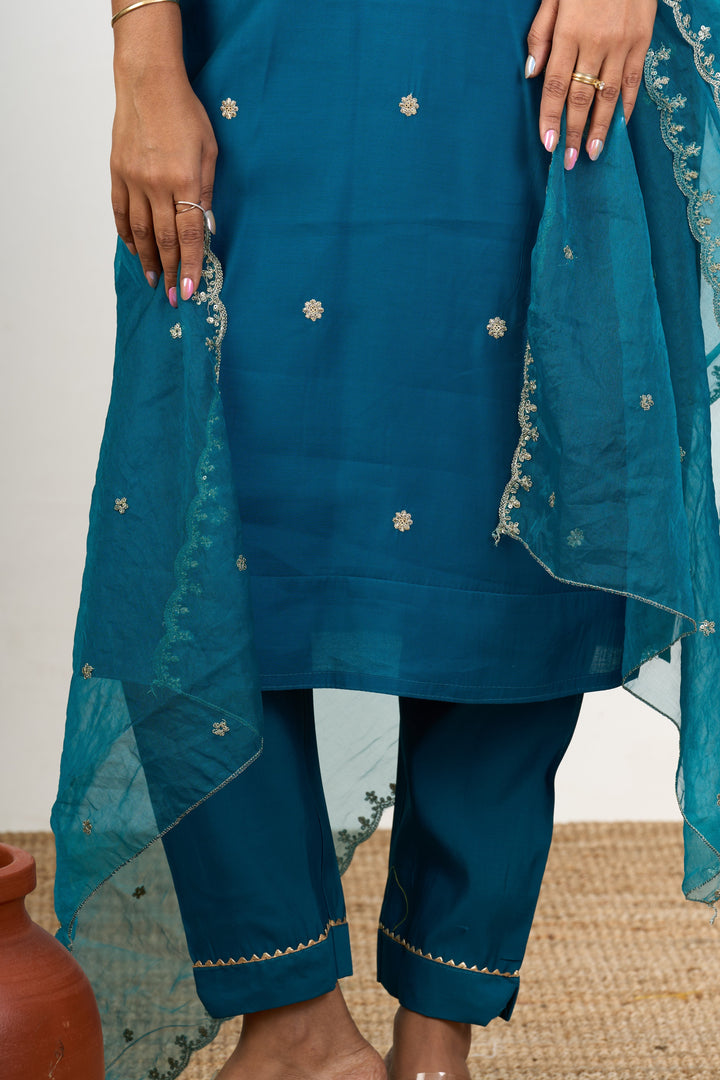 The Nesavu Womens Straight Suit Sets Women’S Blue Dress in Blend Silk with Embroidered Neckline and Sheer Dupatta Nesavu Womens Blue Dress Blend Silk Embroidered Neckline Sheer Dupatta | The Nesavu