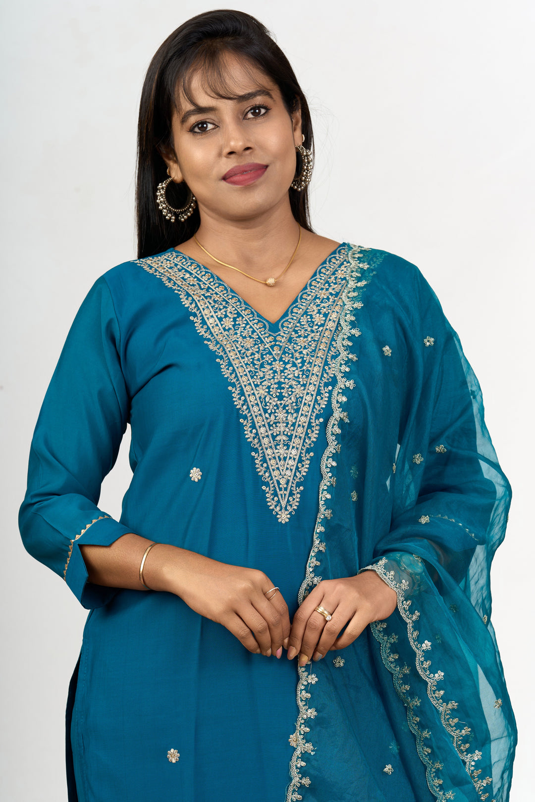 The Nesavu Womens Straight Suit Sets Women’S Blue Dress in Blend Silk with Embroidered Neckline and Sheer Dupatta Nesavu Womens Blue Dress Blend Silk Embroidered Neckline Sheer Dupatta | The Nesavu