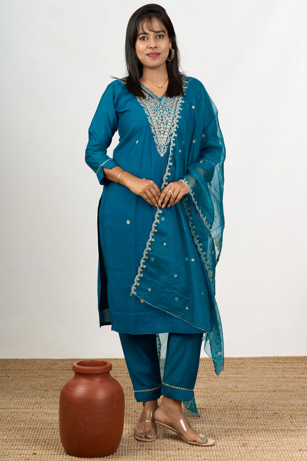 The Nesavu Womens Straight Suit Sets Women’S Blue Dress in Blend Silk with Embroidered Neckline and Sheer Dupatta Nesavu Womens Blue Dress Blend Silk Embroidered Neckline Sheer Dupatta | The Nesavu