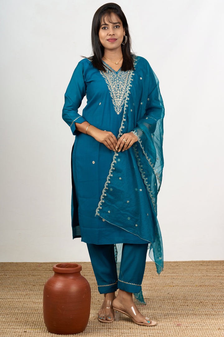 The Nesavu Womens Straight Suit Sets Women’S Blue Dress in Blend Silk with Embroidered Neckline and Sheer Dupatta Nesavu Womens Blue Dress Blend Silk Embroidered Neckline Sheer Dupatta | The Nesavu