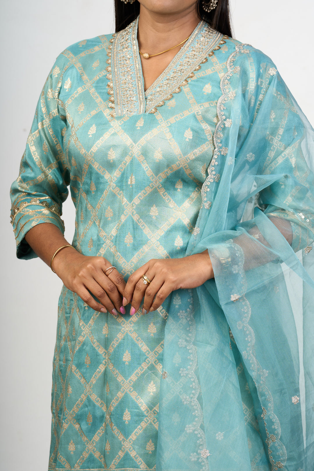 The Nesavu Womens Straight Suit Sets Women’S Dresses Embroidered in Aqua Art Silk with Sheer Dupatta and Detailed Neckline Nesavu Aqua Art Silk Womens Dresses Embroidered Sheer Dupatta Elegant Neckline | The Nesavu