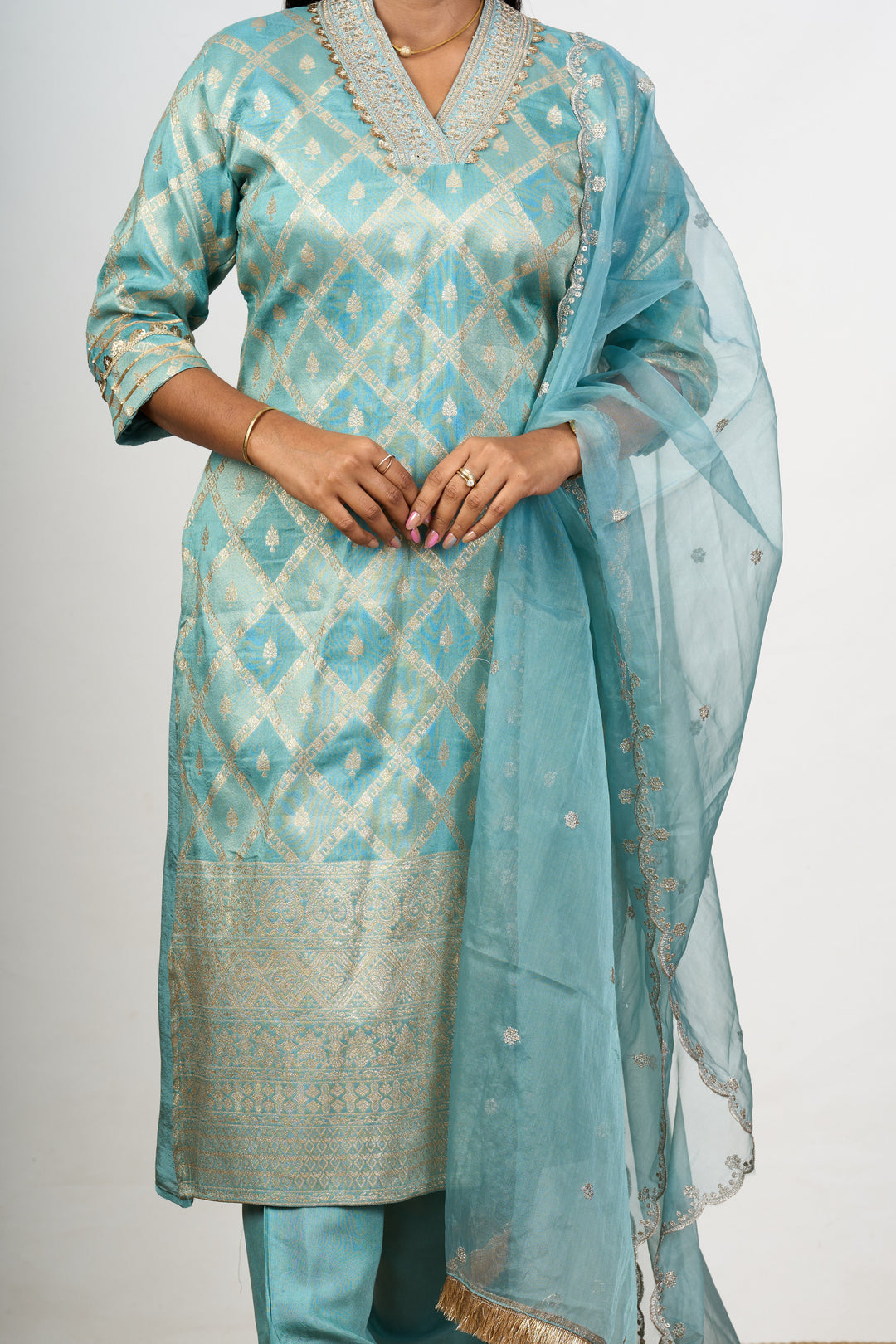 The Nesavu Womens Straight Suit Sets Women’S Dresses Embroidered in Aqua Art Silk with Sheer Dupatta and Detailed Neckline Nesavu Aqua Art Silk Womens Dresses Embroidered Sheer Dupatta Elegant Neckline | The Nesavu