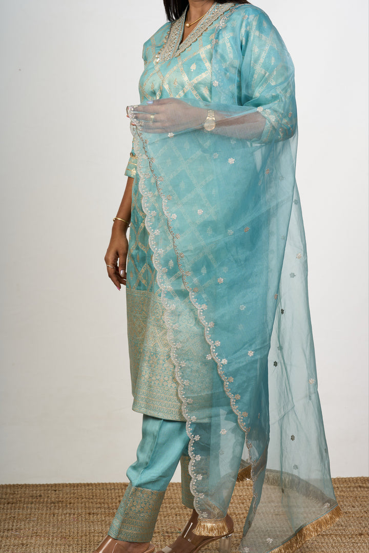 The Nesavu Womens Straight Suit Sets Women’S Dresses Embroidered in Aqua Art Silk with Sheer Dupatta and Detailed Neckline Nesavu Aqua Art Silk Womens Dresses Embroidered Sheer Dupatta Elegant Neckline | The Nesavu