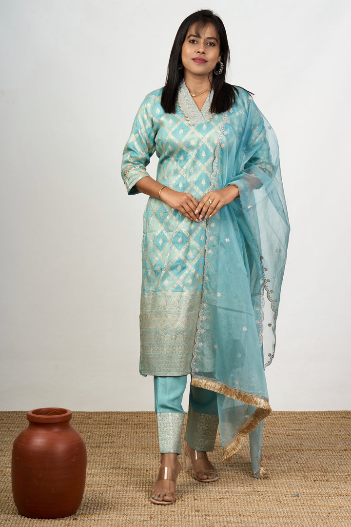 The Nesavu Womens Straight Suit Sets Women’S Dresses Embroidered in Aqua Art Silk with Sheer Dupatta and Detailed Neckline Nesavu Aqua Art Silk Womens Dresses Embroidered Sheer Dupatta Elegant Neckline | The Nesavu