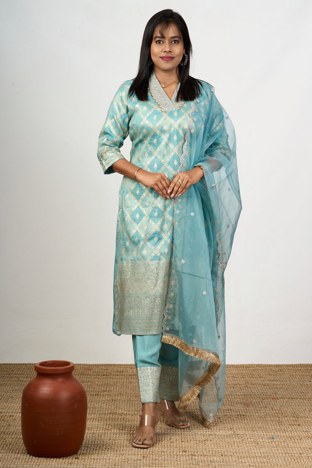 The Nesavu Womens Straight Suit Sets Women’s Dresses Embroidered in Aqua Art Silk with Sheer Dupatta and Detailed Neckline Nesavu Nesavu Aqua Art Silk Womens Dresses Embroidered Sheer Dupatta Elegant Neckline