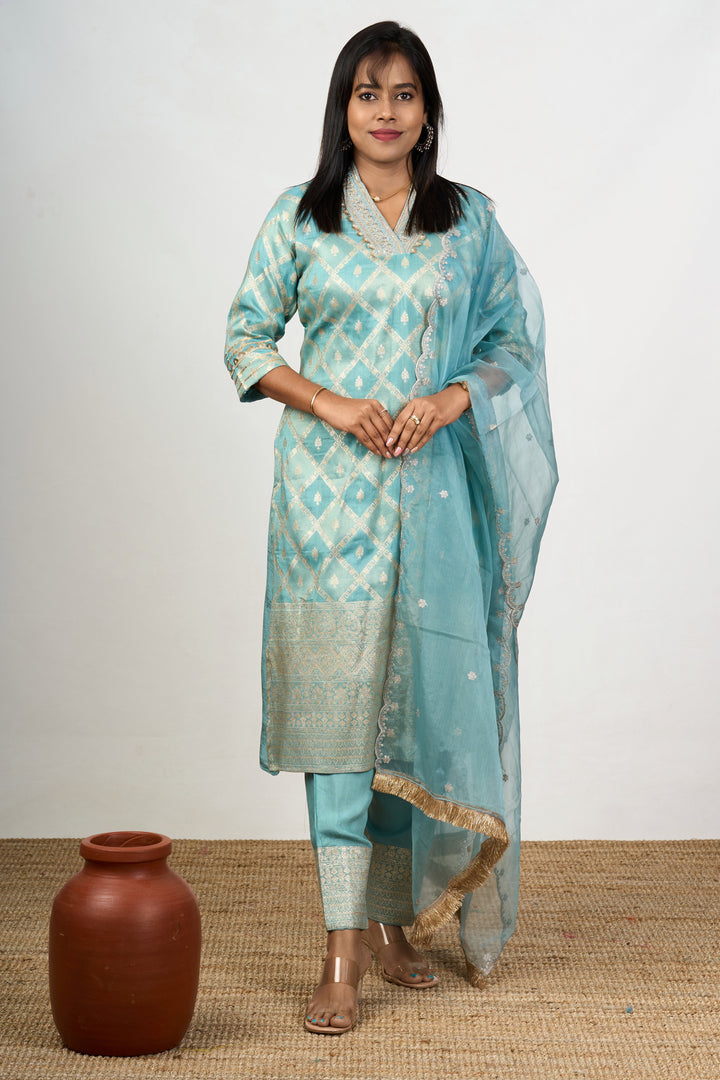 The Nesavu Womens Straight Suit Sets Women’s Dresses Embroidered in Aqua Art Silk with Sheer Dupatta and Detailed Neckline Nesavu Nesavu Aqua Art Silk Womens Dresses Embroidered Sheer Dupatta Elegant Neckline