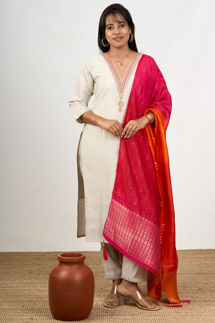 The Nesavu Womens Straight Suit Sets Women’S Festival Fashion in Ivory Art Silk with Embellished Dupatta Nesavu 38 (M) / Half white WTH063A-38 Ivory Art Silk Womens Festival Fashion Kurta Set Vibrant Embellished Dupatta | The Nesavu