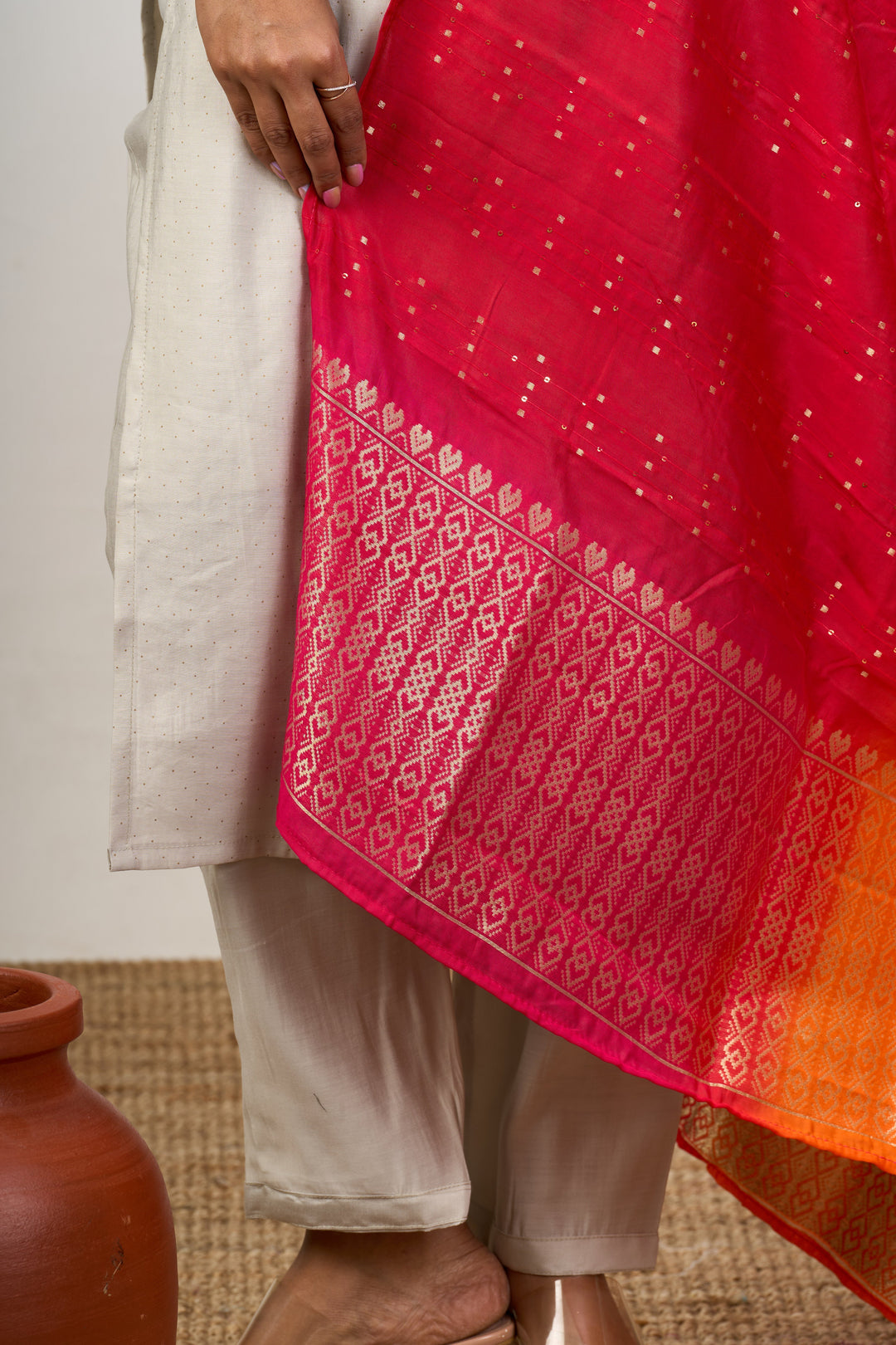 The Nesavu Womens Straight Suit Sets Women’S Festival Fashion in Ivory Art Silk with Embellished Dupatta Nesavu Ivory Art Silk Womens Festival Fashion Kurta Set Vibrant Embellished Dupatta | The Nesavu