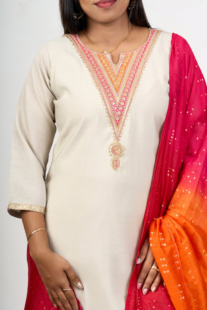 The Nesavu Womens Straight Suit Sets Women’S Festival Fashion in Ivory Art Silk with Embellished Dupatta Nesavu Ivory Art Silk Womens Festival Fashion Kurta Set Vibrant Embellished Dupatta | The Nesavu