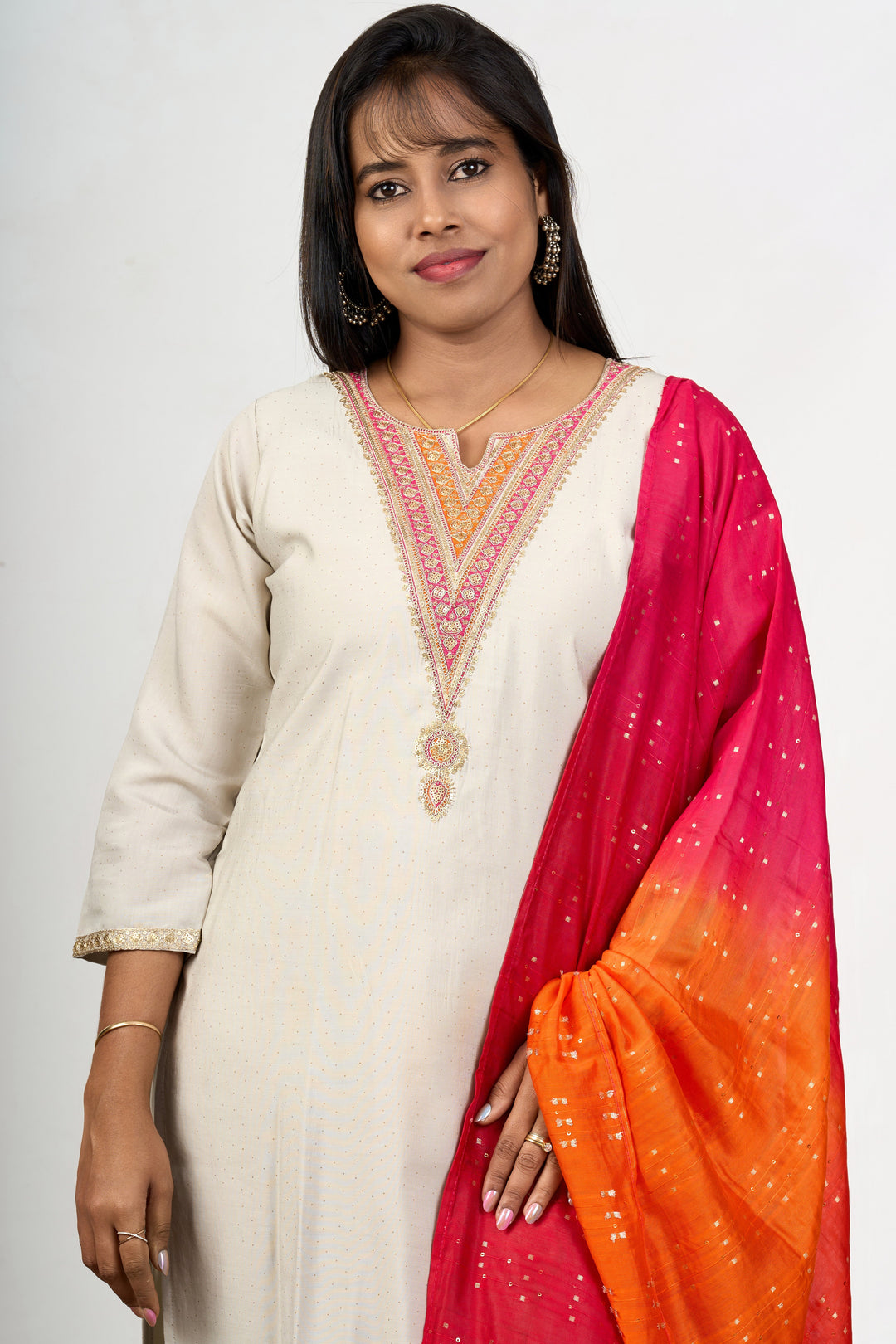 The Nesavu Womens Straight Suit Sets Women’S Festival Fashion in Ivory Art Silk with Embellished Dupatta Nesavu Ivory Art Silk Womens Festival Fashion Kurta Set Vibrant Embellished Dupatta | The Nesavu