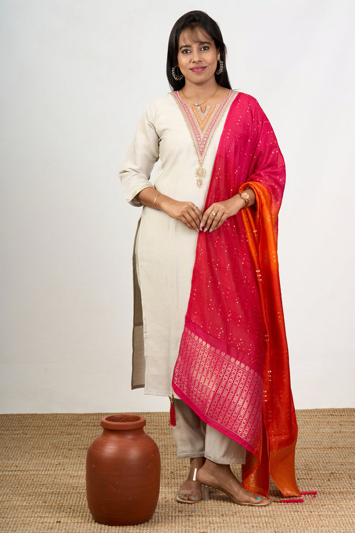 The Nesavu Womens Straight Suit Sets Women’S Festival Fashion in Ivory Art Silk with Embellished Dupatta Nesavu Ivory Art Silk Womens Festival Fashion Kurta Set Vibrant Embellished Dupatta | The Nesavu