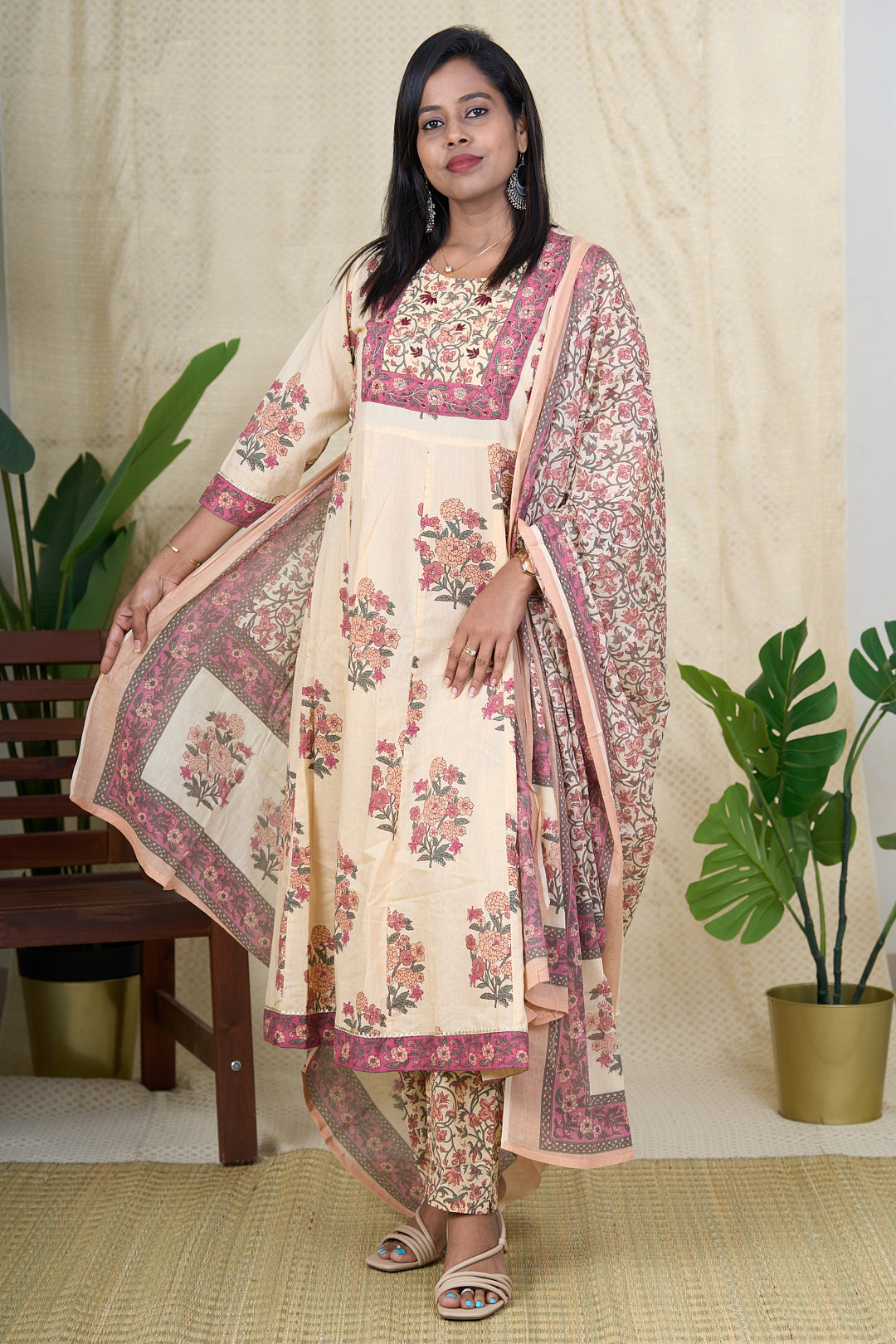 The Nesavu Womens Flared Suit Sets Women's Office Wear Cotton Block Printed Salwar Suit Online Nesavu 38 (M) / Half White / Cotton WTH017A-38 Office Wear Cotton Salwar Suit Online with Embroidered Neckline