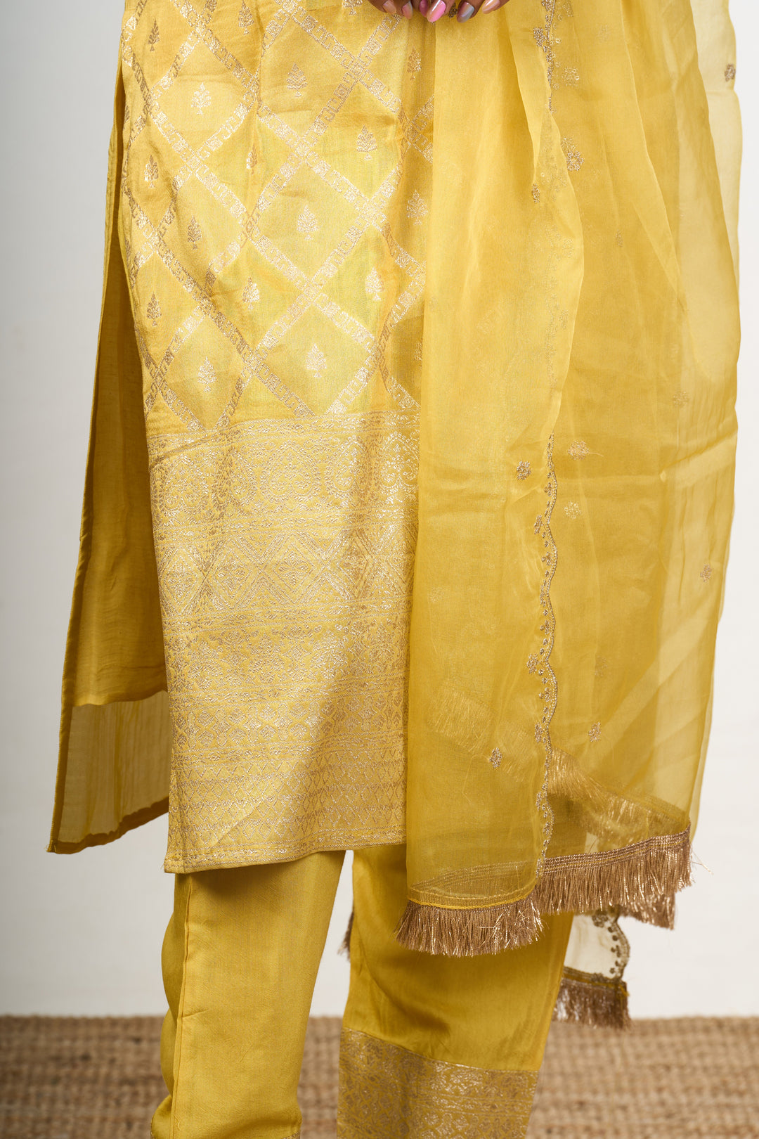 The Nesavu Womens Straight Suit Sets Women’s Pant Suit Set in Yellow Art Silk with Embroidered Neckline and Dupatta Nesavu Nesavu Yellow Art Silk Womens Pant Suit Set Diamond Embroidery Sheer Dupatta