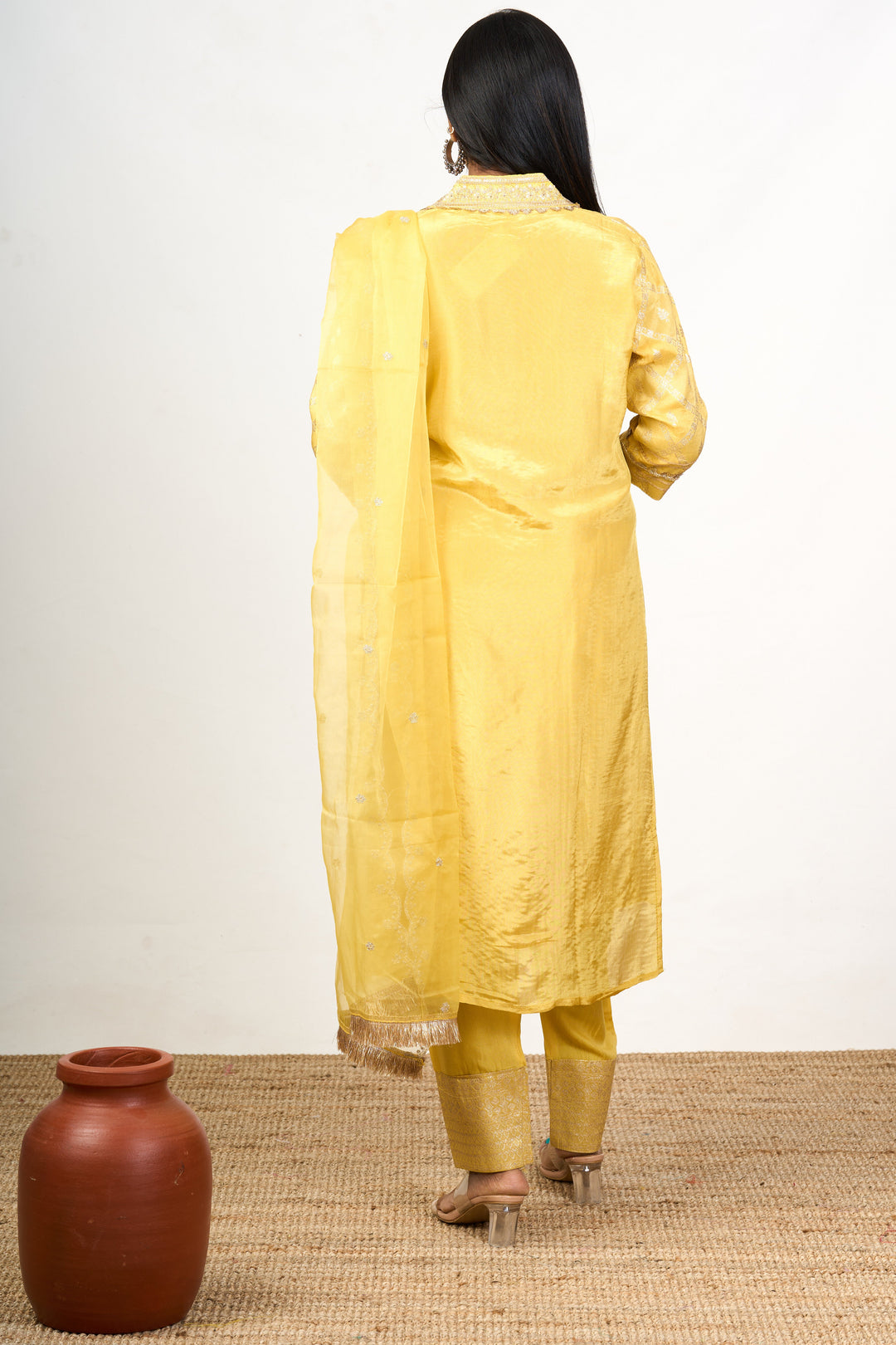 The Nesavu Womens Straight Suit Sets Women’S Pant Suit Set in Yellow Art Silk with Embroidered Neckline and Dupatta Nesavu Yellow Art Silk Womens Pant Suit Set Diamond Embroidery Sheer Dupatta | The Nesavu