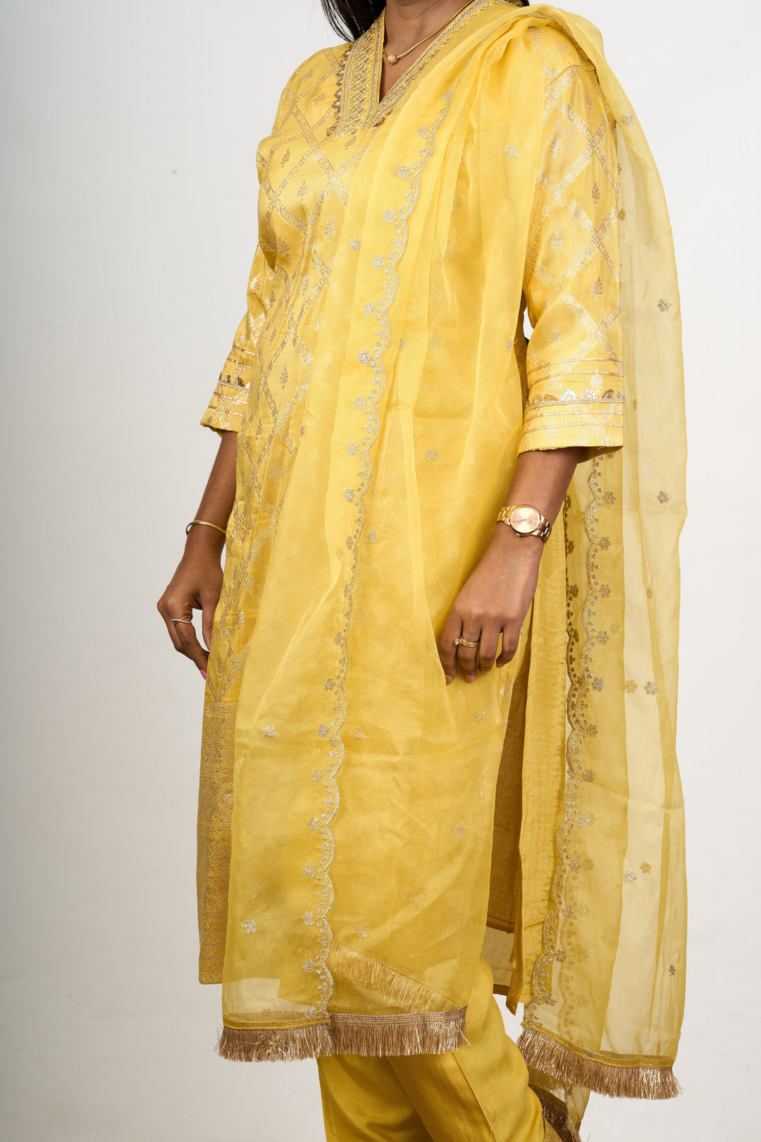 The Nesavu Womens Straight Suit Sets Women’S Pant Suit Set in Yellow Art Silk with Embroidered Neckline and Dupatta Nesavu Yellow Art Silk Womens Pant Suit Set Diamond Embroidery Sheer Dupatta | The Nesavu